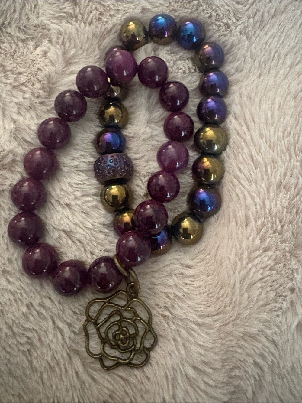 Purple Beaded Bracelet Set with Floral Charm - Women's Jewelry